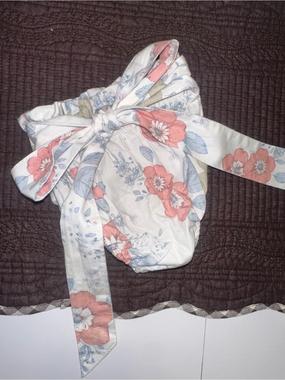 Floral Print Bow Baby Bloomers in White, Coral & Blue